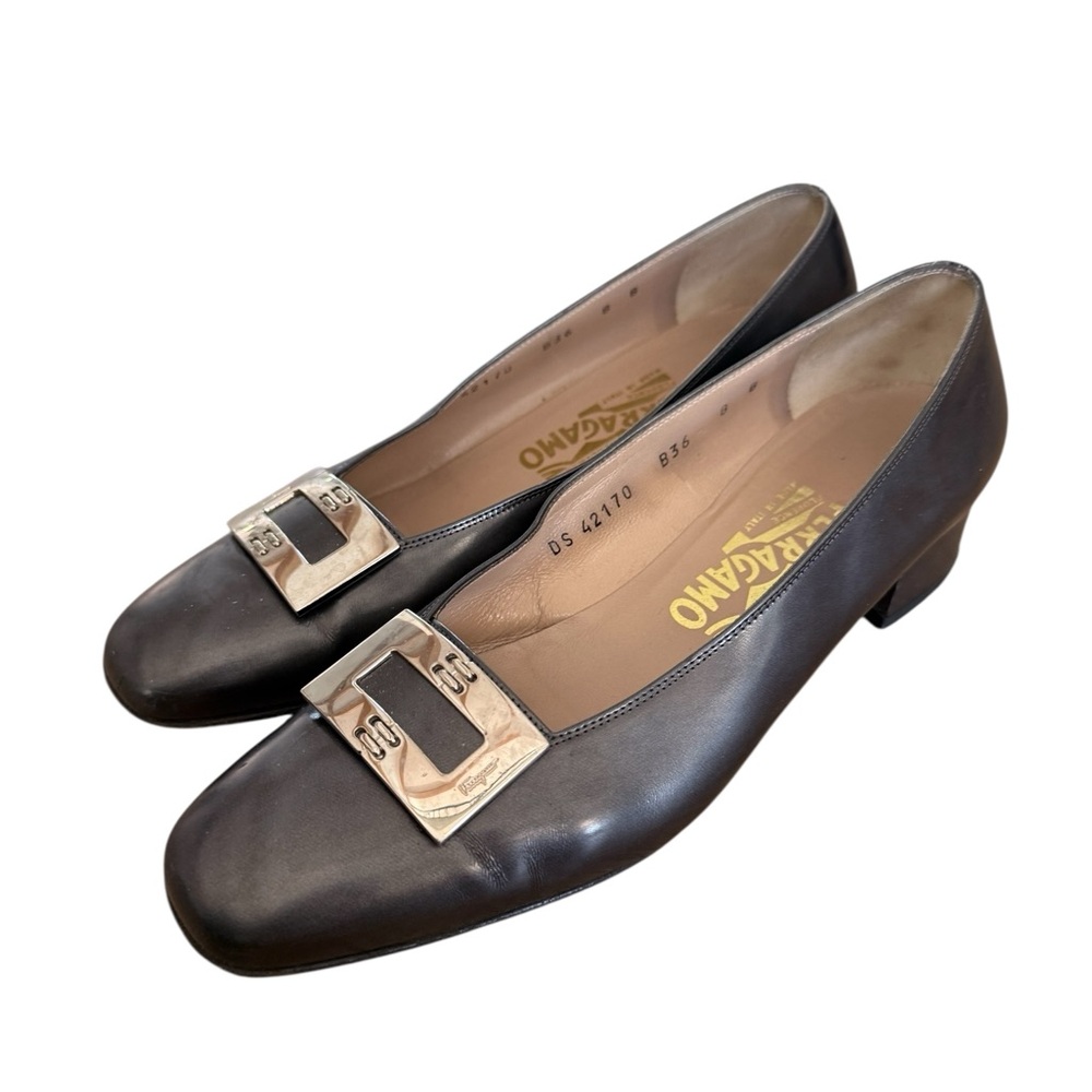 Salvatore Ferragamo Dark Brown Leather Loafers with Silver Buckle
